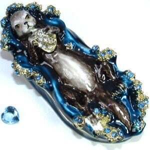 Jeweled Otter Trinket Jewelry Box with Rhinestones + Blue Topaz Heart Gemstone